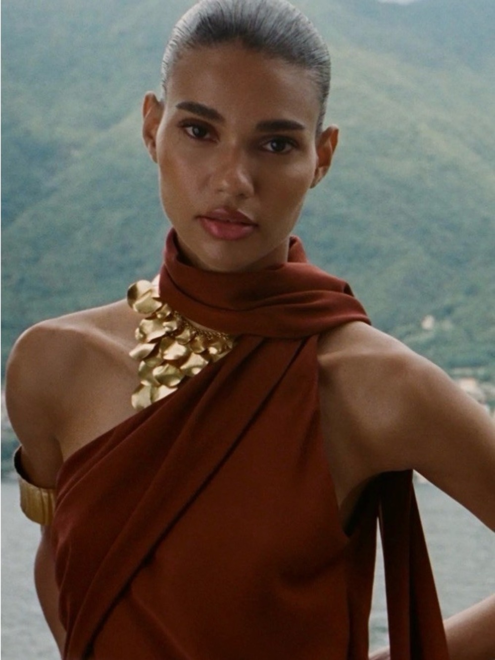Zara Rust-Brown One-Shoulder Draped Midi Dress - Picture 3 of 8